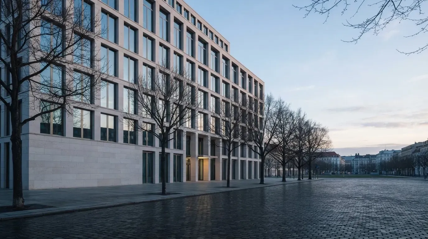 Ein Verwaltungsgebäude aus Glas und Stein steht an einem leeren Platz am frühen Morgen, davor eine Reihe kahler Bäume.