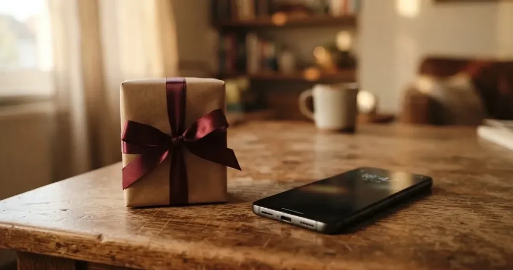 Ein kleines Geschenk mit Schleife steht auf einem Holztisch neben einem Smartphone mit dunklem Display im Seitenlicht.