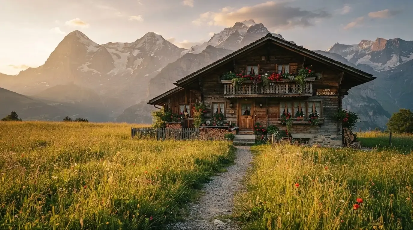 Ein Holzchalet mit Blumenkästen steht vor einer Bergkette im Abendlicht, davor führt ein leerer Feldweg durch eine Wiese.