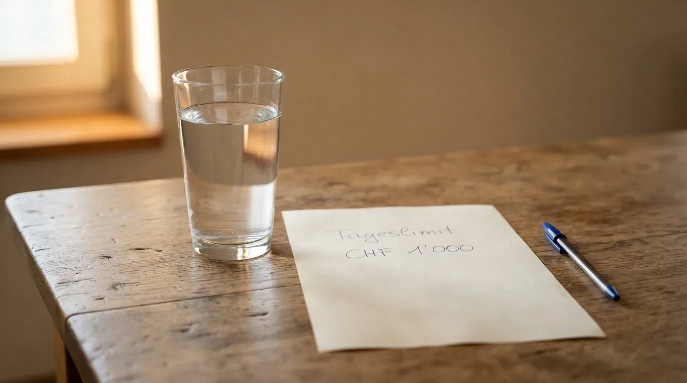 Ein Glas steht bis zum Rand gefüllt auf einem Holztisch, daneben ein Kugelschreiber und ein leeres Blatt Papier im Seitenlicht.