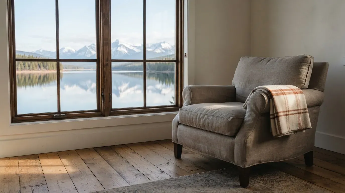 Ein leerer Sessel steht an einem Fenster mit Blick auf einen ruhigen See und schneebedeckte Berge im Morgenlicht.