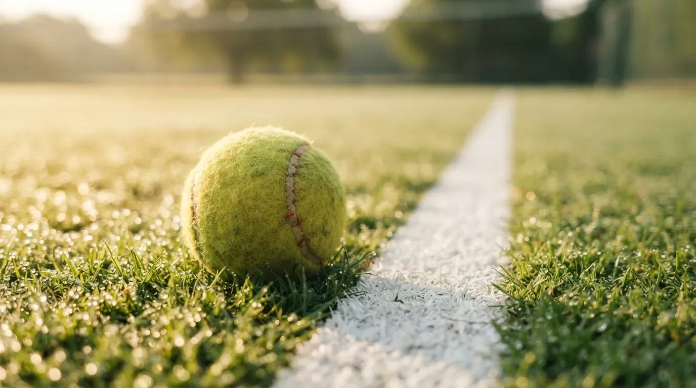Ein gelber Tennisball liegt im Gras neben der weissen Grundlinie, Tau glitzert auf den Halmen im flachen Sonnenlicht.