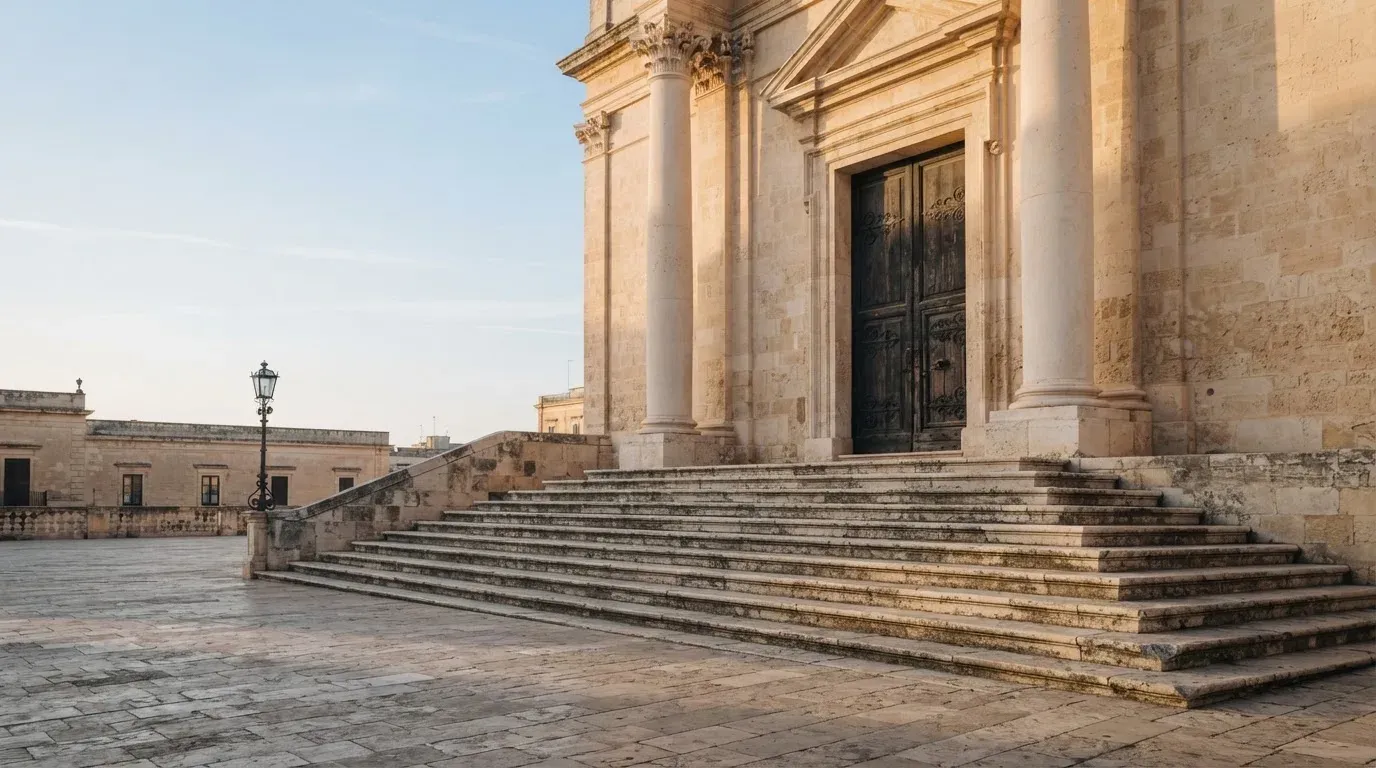 Eine steinerne Treppe führt zu einem Portal mit Säulen im Morgenlicht, der Platz davor ist leer.