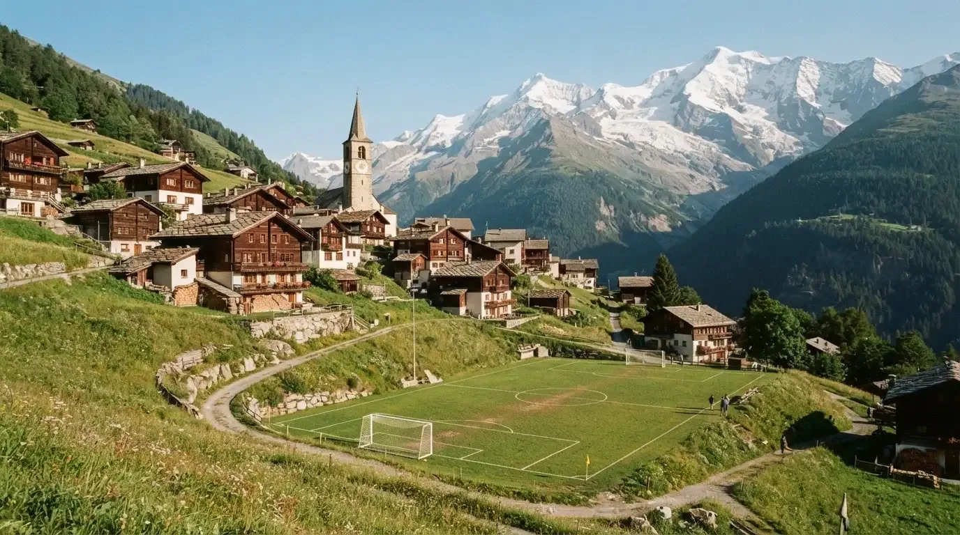 Ein Schweizer Bergdorf mit Kirchturm und einem kleinen Fussballplatz am Hang, im Hintergrund schneebedeckte Gipfel.