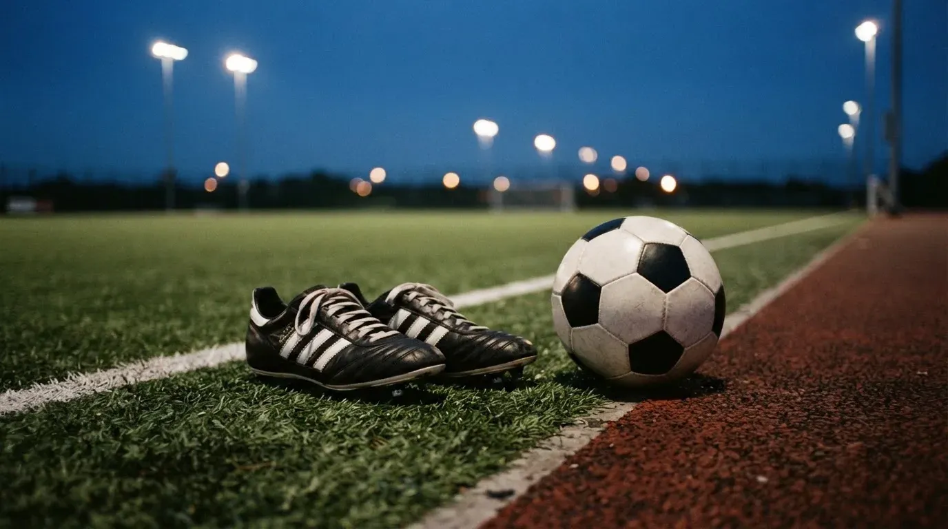 Ein Fussball und ein Paar Stollenschuhe stehen am Rand eines Kunstrasenplatzes, Flutlichtmasten ragen in den Abendhimmel.