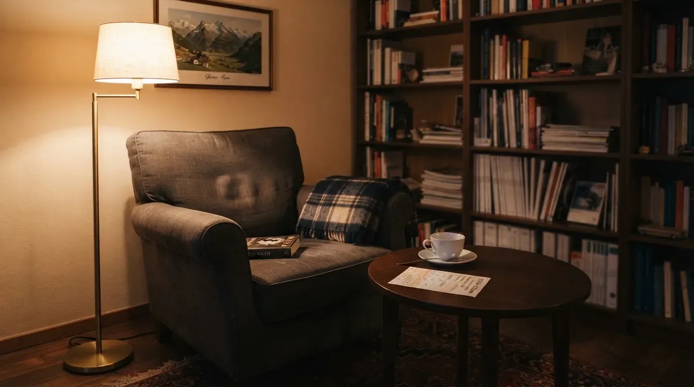 Ein Lesesessel mit Wolldecke steht neben einem Bücherregal und einer Stehlampe, auf dem Tisch eine Teetasse.