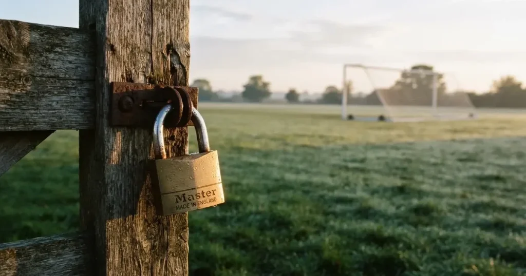 Ein Vorhängeschloss hängt an einem Holztor neben einem Fussballplatz im Morgenlicht, der Rasen ist taufeucht.
