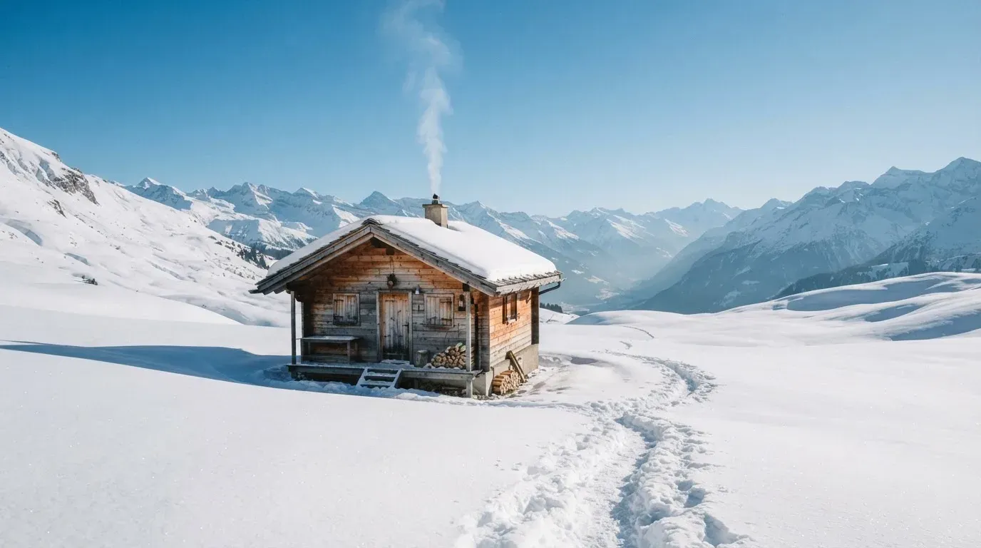 Eine Berghütte im Schnee mit rauchendem Kamin steht vor klarem Himmel, ein Pfad führt in die Stille.