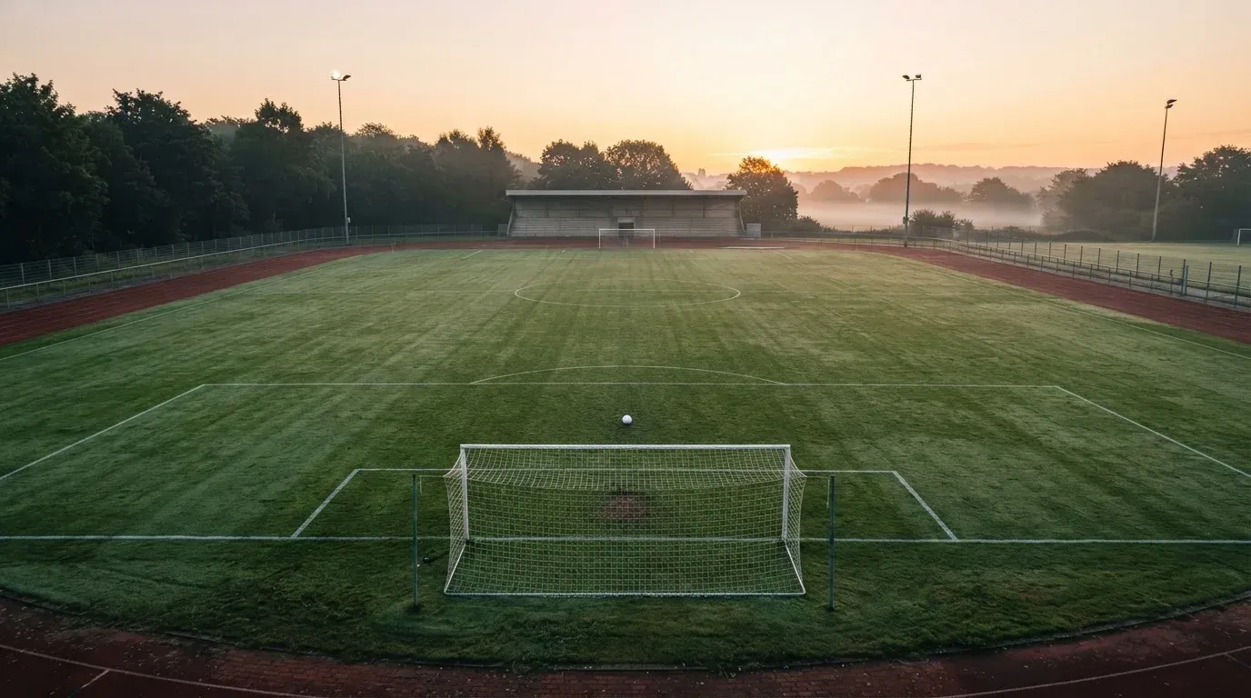 Eine rote Laufbahn umringt ein Fussballfeld beim Sonnenaufgang, auf dem Rasen liegt Tau.