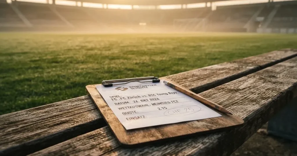 Ein Klemmbrett mit leerem Papier und ein Bleistift liegen auf einer Tribünenbank, darunter ein Rasenplatz im Frühnebel.