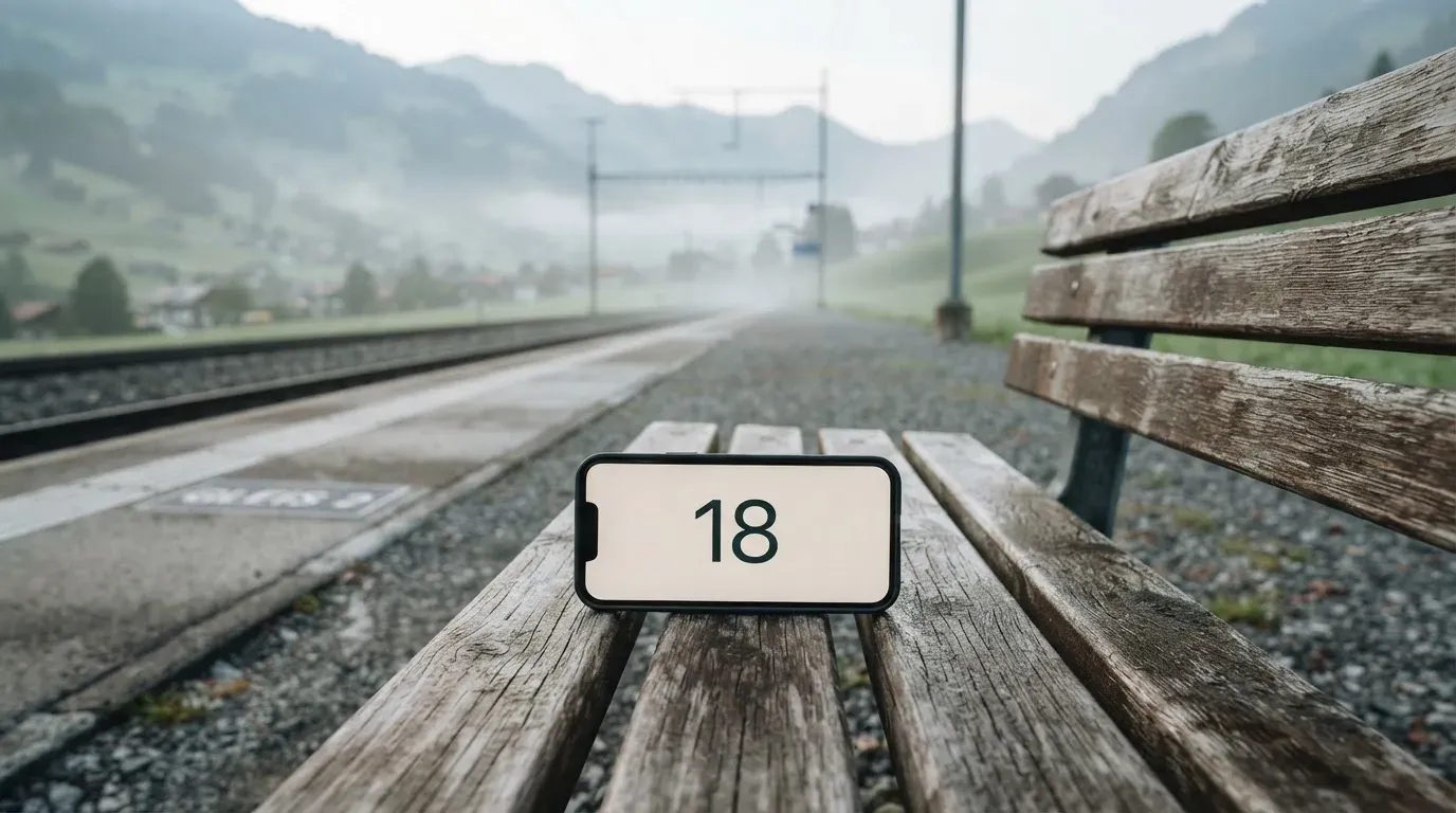 Ein leerer Bahnsteig mit einer Holzbank im Morgennebel, dahinter sanfte Hügel.