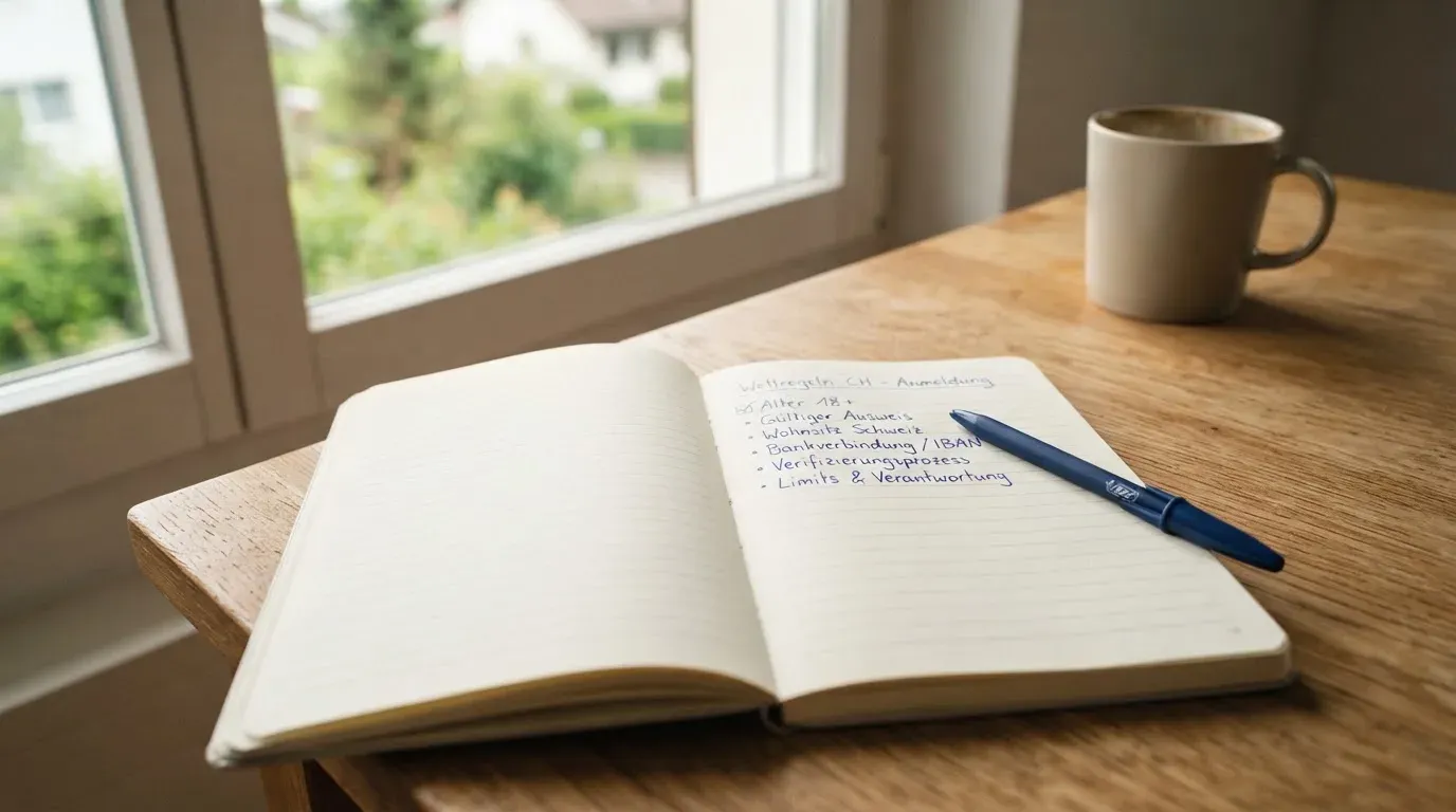 Ein aufgeschlagenes Notizbuch mit handschriftlichen Notizen und ein Kugelschreiber liegen auf einem Holztisch neben einem Fenster mit Tageslicht.