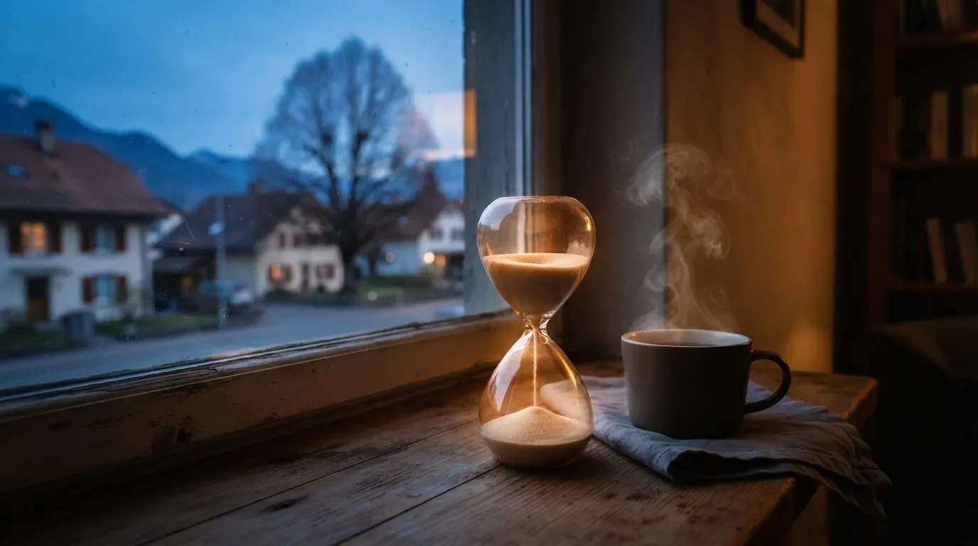 Eine Sanduhr steht auf einem Fensterbrett neben einer Tasse Tee, draussen dämmert es über einer ruhigen Strasse.
