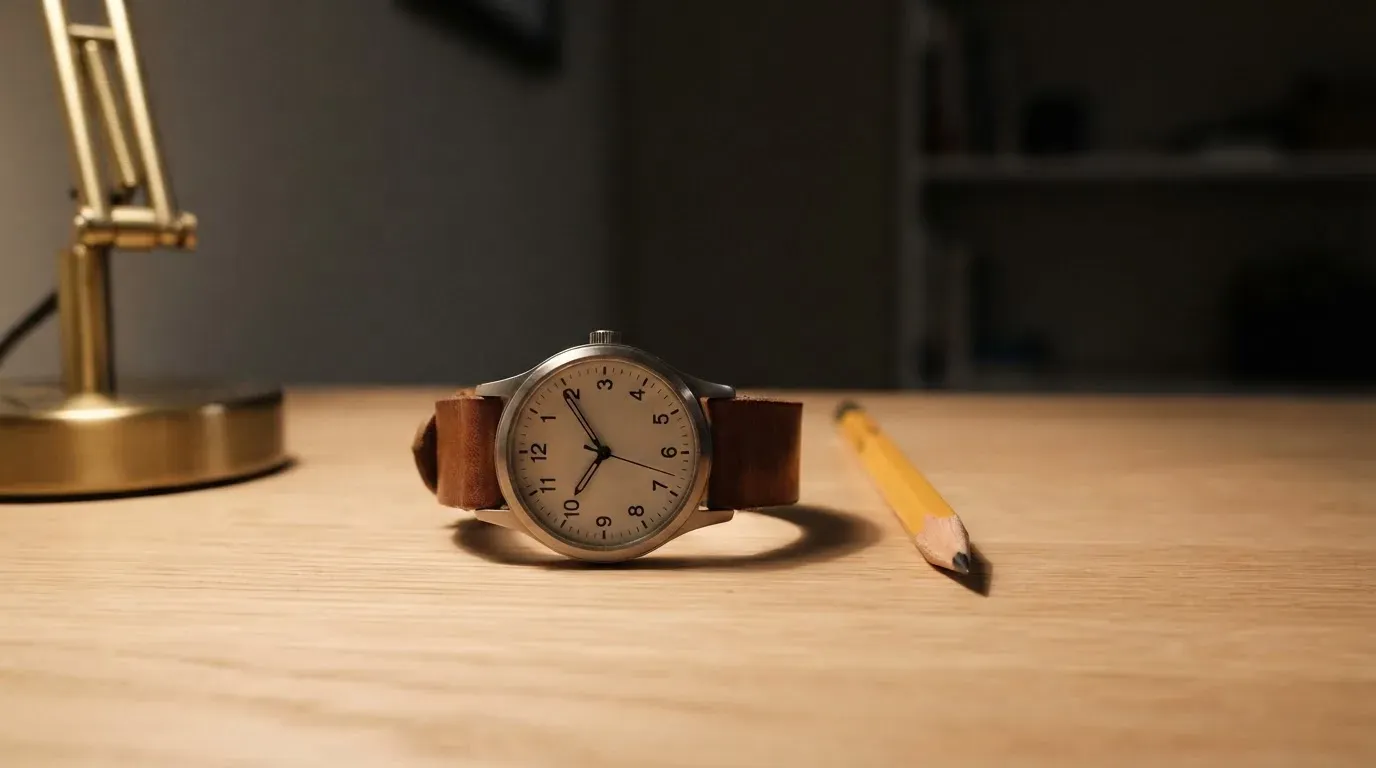 Eine Armbanduhr und ein gespitzter Bleistift liegen auf einem hellen Holztisch im Licht einer Schreibtischlampe.