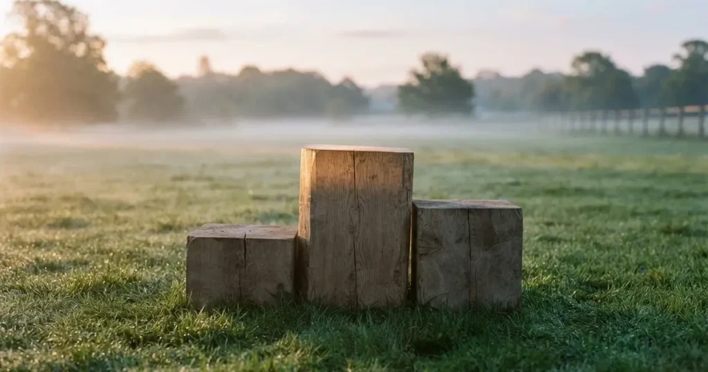 Drei hölzerne Podeststufen in unterschiedlicher Höhe stehen im Morgentau auf einem Rasenplatz, im Hintergrund ziehen Nebelschwaden.