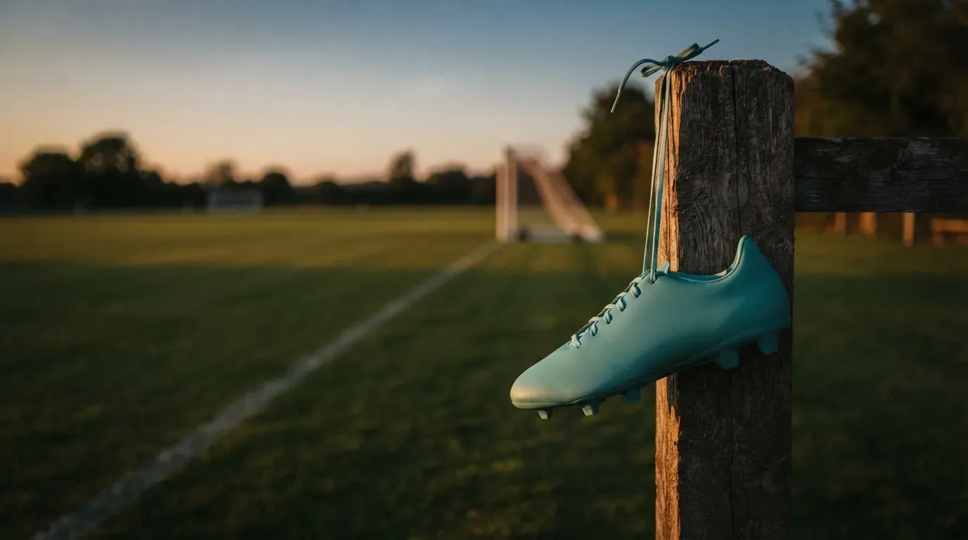 Ein Fussballschuh hängt an den Schnürsenkeln an einem Zaunpfosten neben einem Trainingsplatz im Abendlicht.