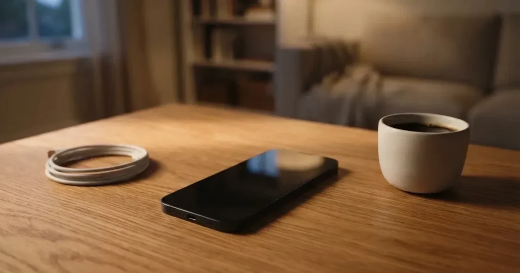 Ein Smartphone mit dunklem Display liegt auf einem Holztisch neben einem Ladekabel und einer Kaffeetasse.