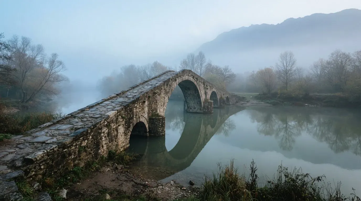 Eine Steinbrücke führt im Frühnebel über einen Fluss, auf dem Fussweg ist niemand zu sehen.