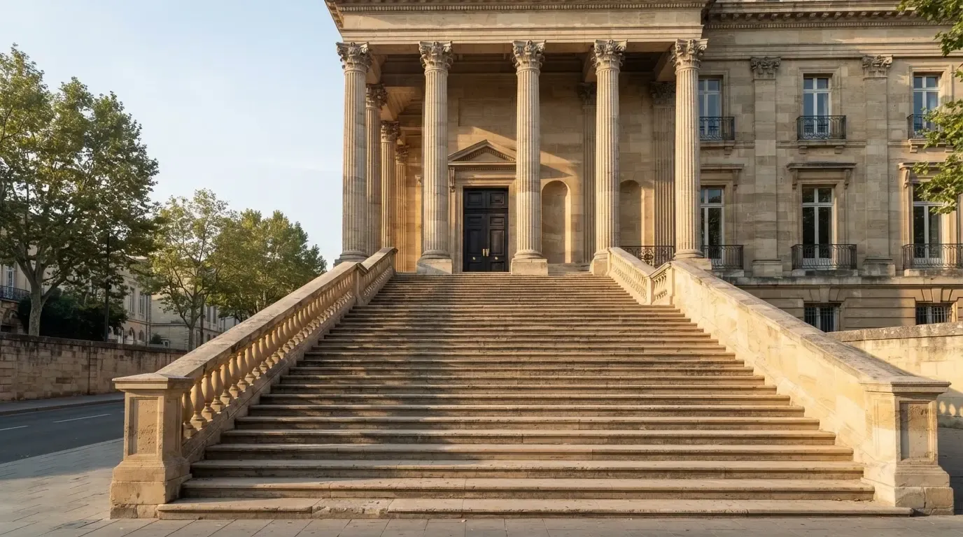 Eine breite Treppe aus Sandstein führt im Morgenlicht zu einem hohen Gebäude.