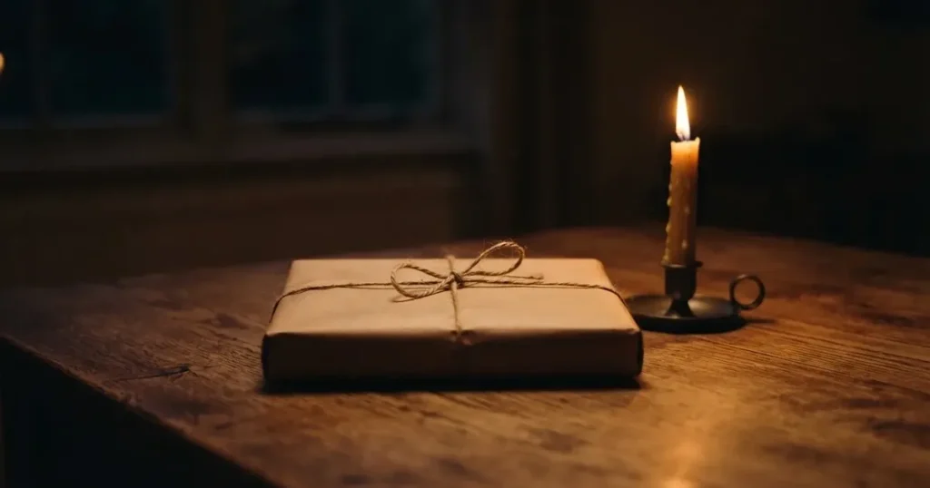 Ein einzelnes Geschenkpaket mit Schnur liegt auf einem Holztisch neben einer brennenden Kerze.
