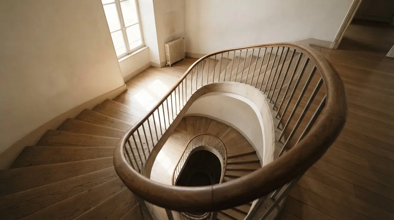 Ein Treppenhaus mit Holzgeländer, von oben fotografiert, die Stufen winden sich nach unten.