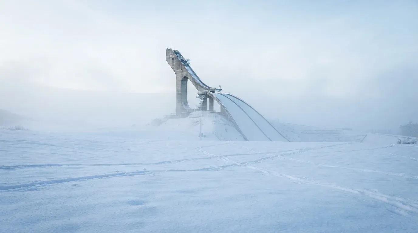 Eine Skisprungschanze ragt aus der Ferne gesehen in den Morgennebel, davor ein verschneites Feld.