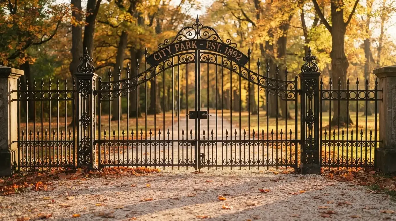 Ein geschlossenes Tor aus Schmiedeeisen steht vor einem Park im Herbstlicht, auf dem Kies liegt Laub.