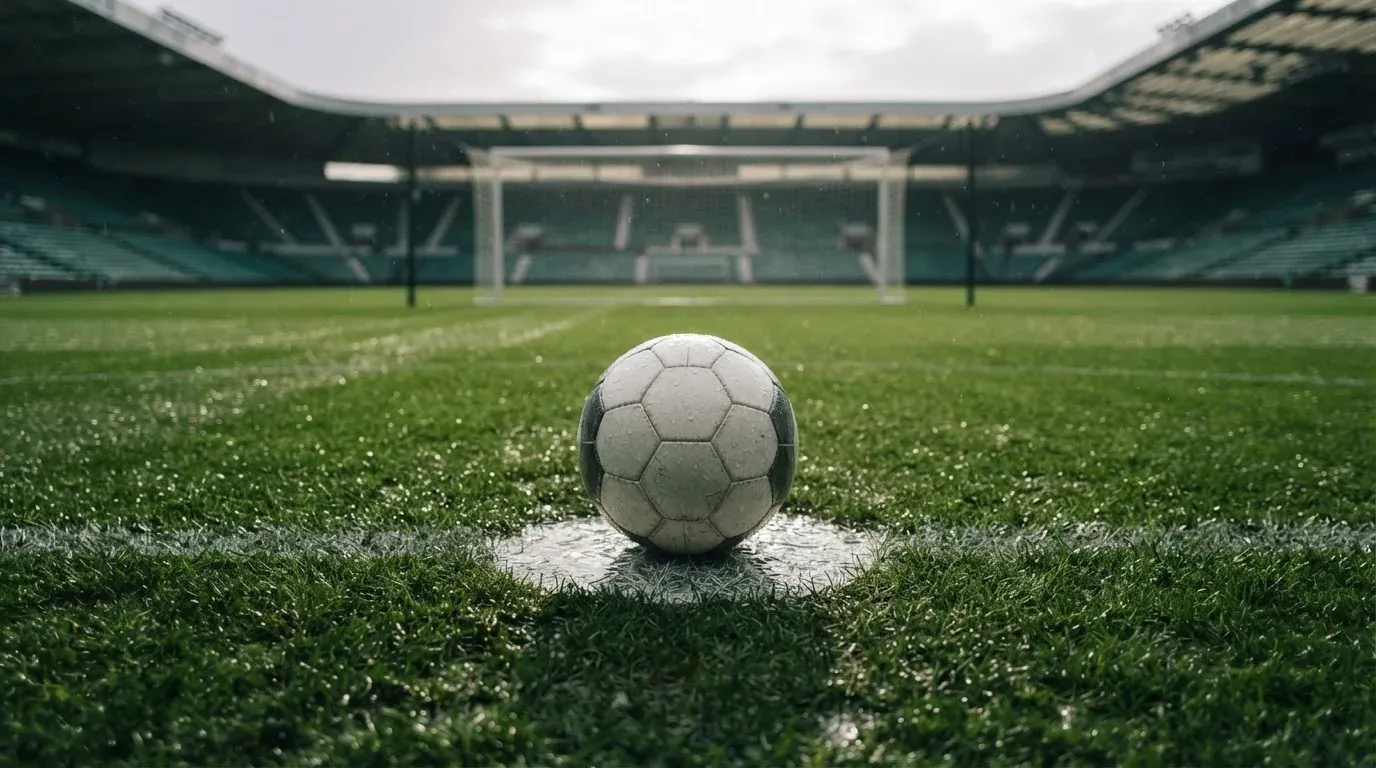 Ein einzelner Fussball liegt auf dem Elfmeterpunkt eines leeren Strafraums, der Rasen glänzt nass.