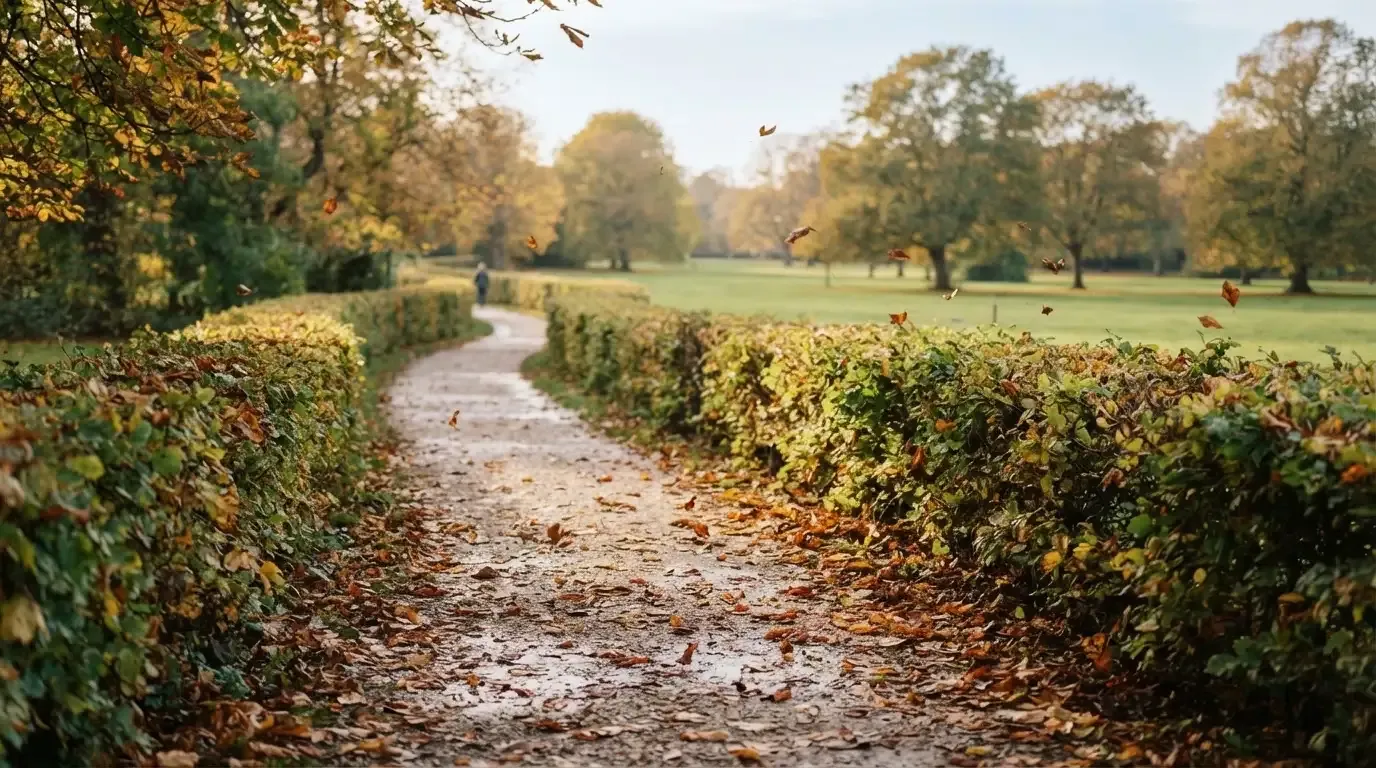 Ein schmaler Kiesweg führt zwischen zwei Hecken durch einen Park, auf dem Weg liegt Herbstlaub.