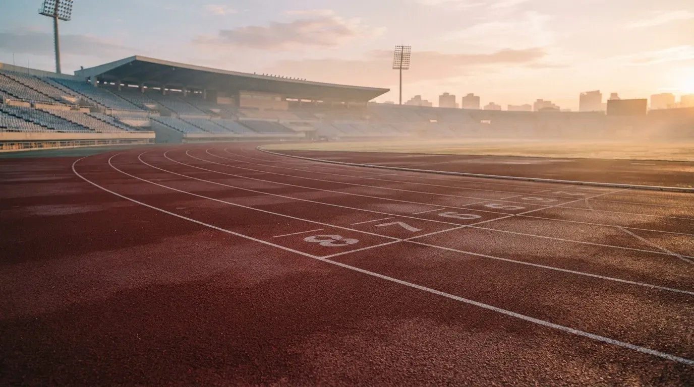 Eine rote Laufbahn in einem leeren Stadion bei Sonnenaufgang, die Bahnen ziehen sich in die Kurve.