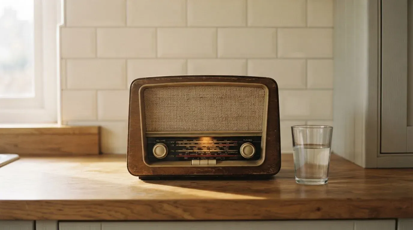 Ein altes Radio steht auf einer Küchenablage neben einem Glas Wasser, Morgenlicht fällt durchs Fenster.