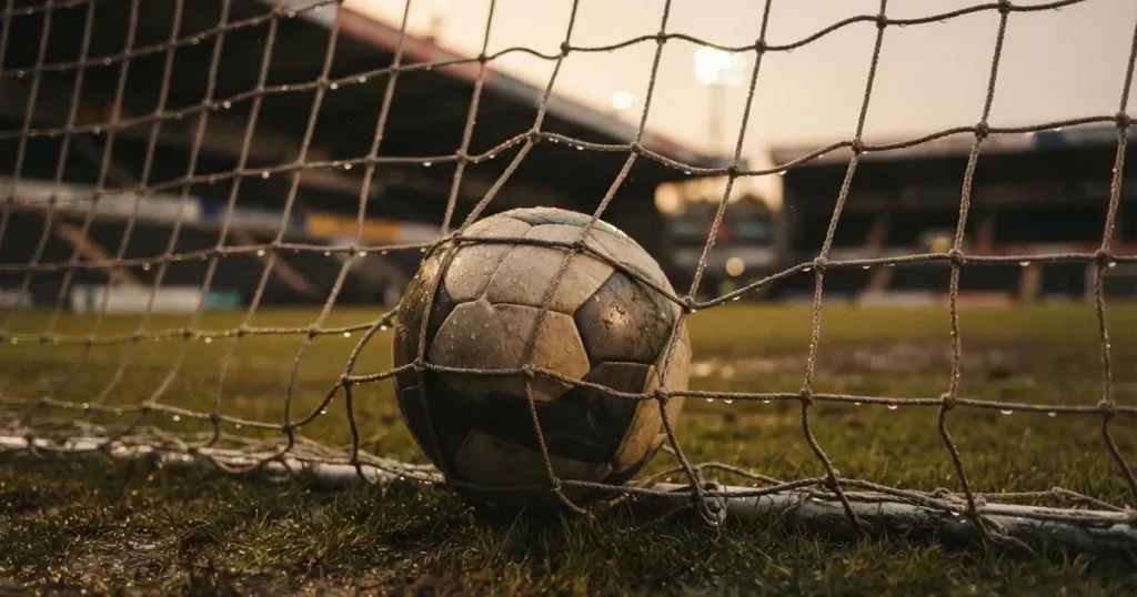 Ein Fussballnetz in Nahaufnahme, in dem ein Ball hängt, Wassertropfen glänzen auf den Maschen.