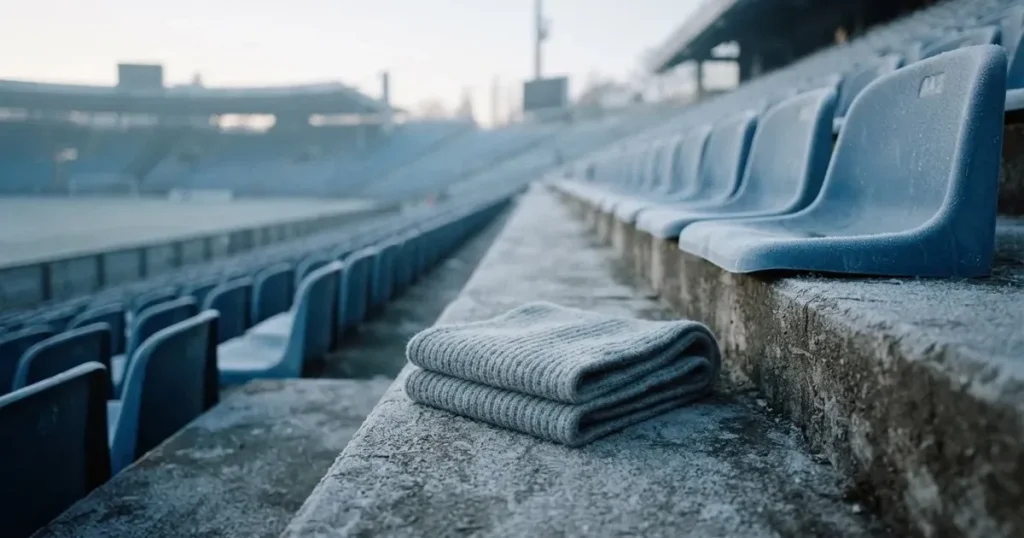 Ein einfarbiger grauer Schal liegt auf einer leeren Betontribüne, Raureif auf den Sitzen, kühles Morgenlicht über dem Stadion
