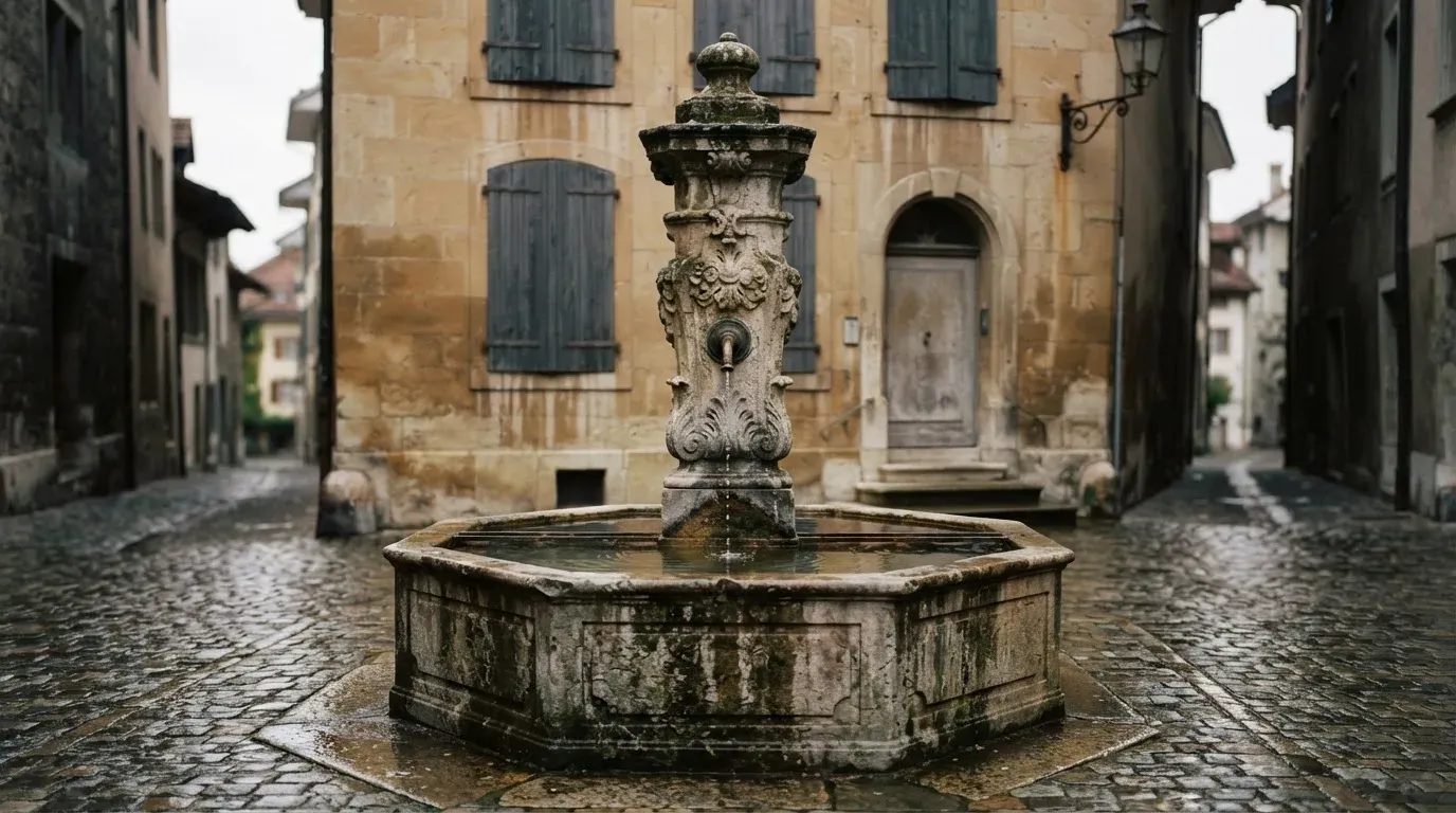 Ein Brunnen vor einer Sandsteinfassade in einer Altstadtgasse, nasses Kopfsteinpflaster und gedämpftes Licht eines bewölkten Morgens