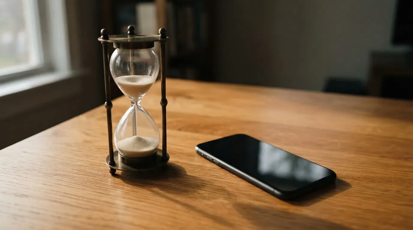 Eine Sanduhr steht neben einem Smartphone mit dunklem Display auf einem Holztisch, ruhiges Tageslicht fällt von der Seite ein