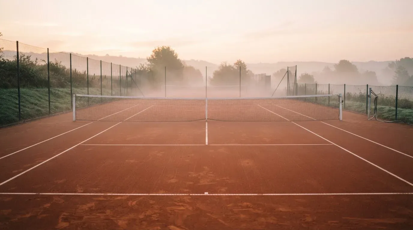 Ein Tennisplatz mit Sandbelag in der Morgendämmerung, Netz und Linien liegen im ersten Licht, Nebel hängt über dem Boden