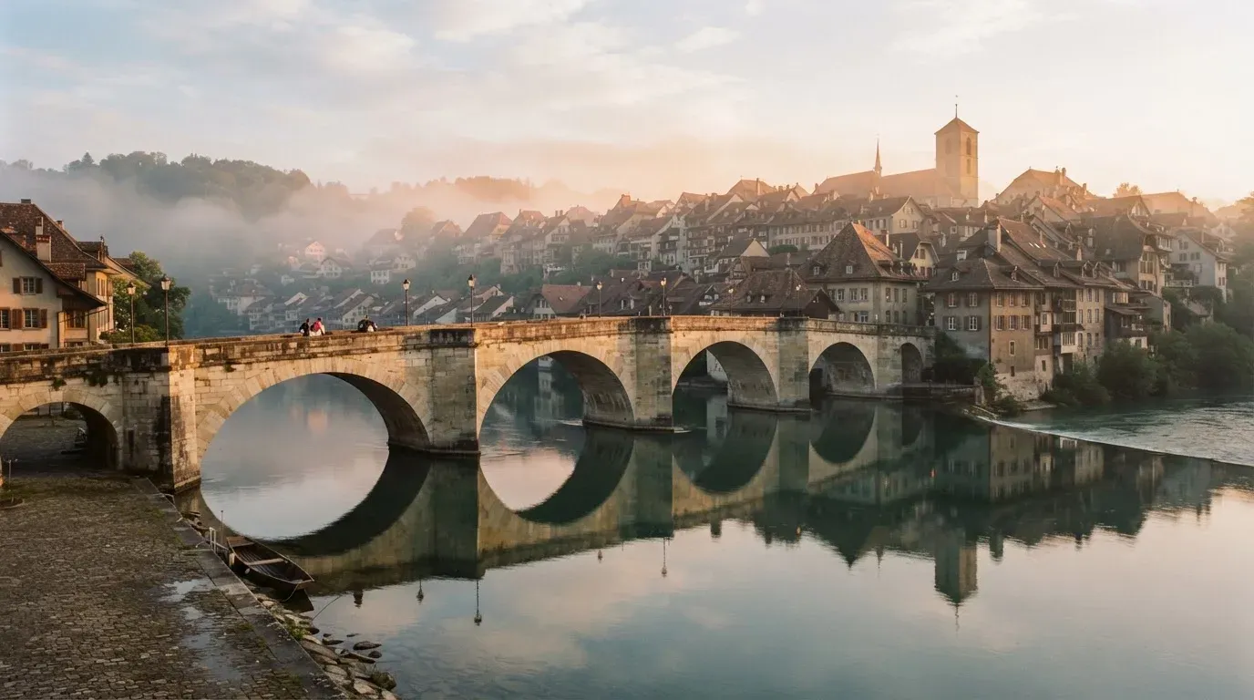 Eine steinerne Brücke über einen Fluss in einer Kleinstadt am frühen Morgen, Nebel zieht zwischen den Dächern hindurch