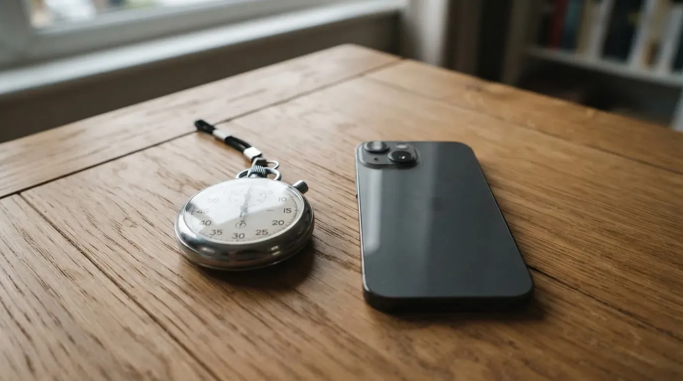 Eine Stoppuhr und ein Smartphone mit dunklem Display liegen nebeneinander auf einem Holztisch, weiches Fensterlicht