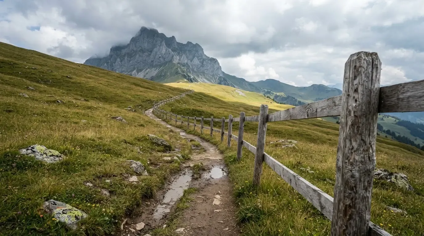 Ein Feldweg führt durch eine Alpwiese mit Holzzaun, im Hintergrund hängen Wolken über einem felsigen Gipfel