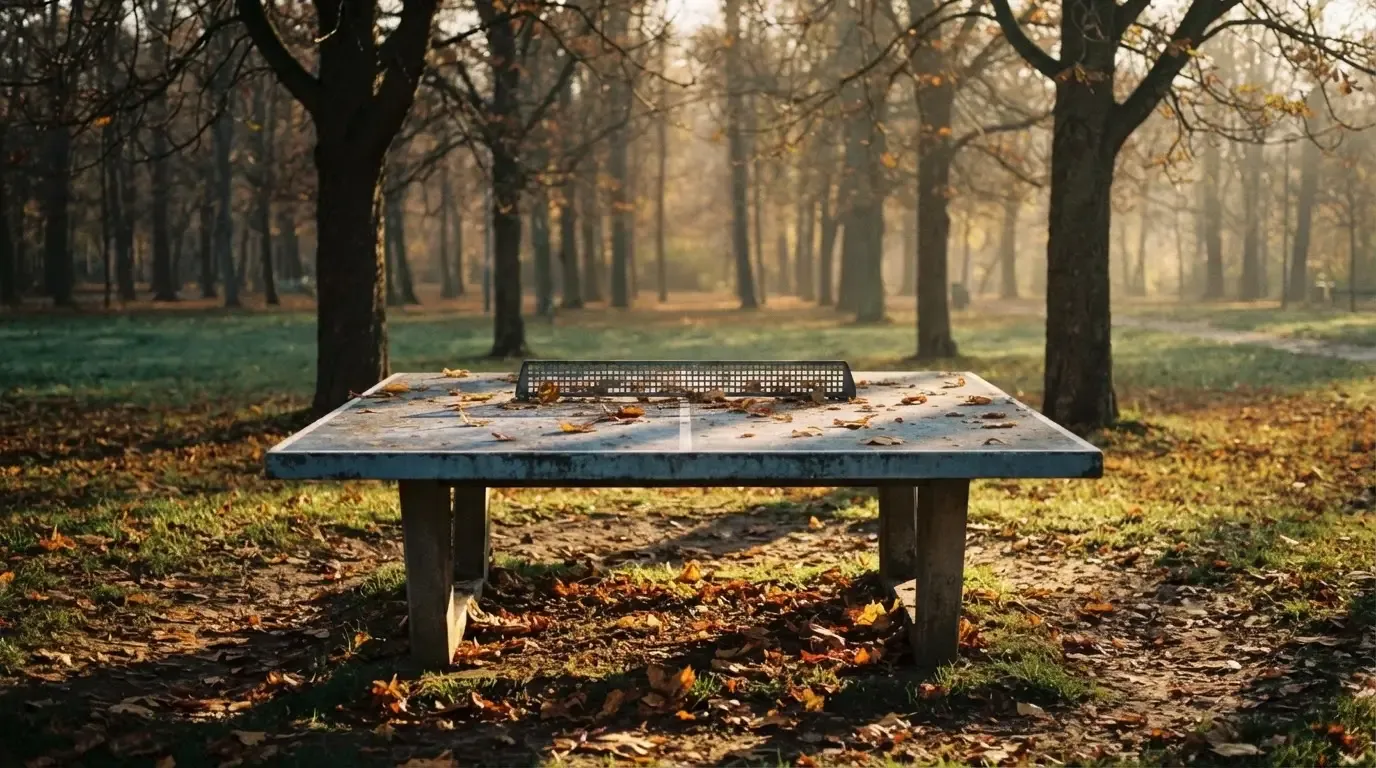 Eine Tischtennisplatte im Freien unter Bäumen, Herbstlaub liegt auf der Platte, das Licht fällt schräg durch die Äste