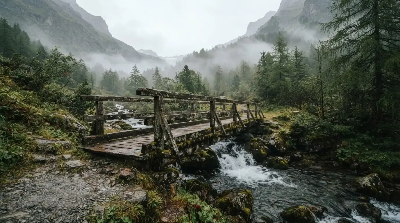 Eine alte Holzbrücke über einen Gebirgsbach, Moos auf den Steinen, Nebelschwaden hängen im Tal