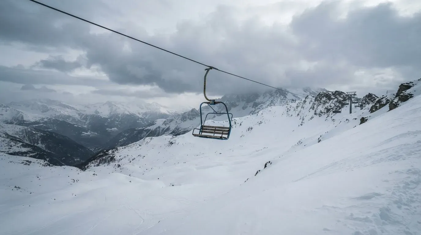 Ein Sessel eines Skilifts schwebt über einer verschneiten Hangkante, dahinter ziehen graue Wolken auf