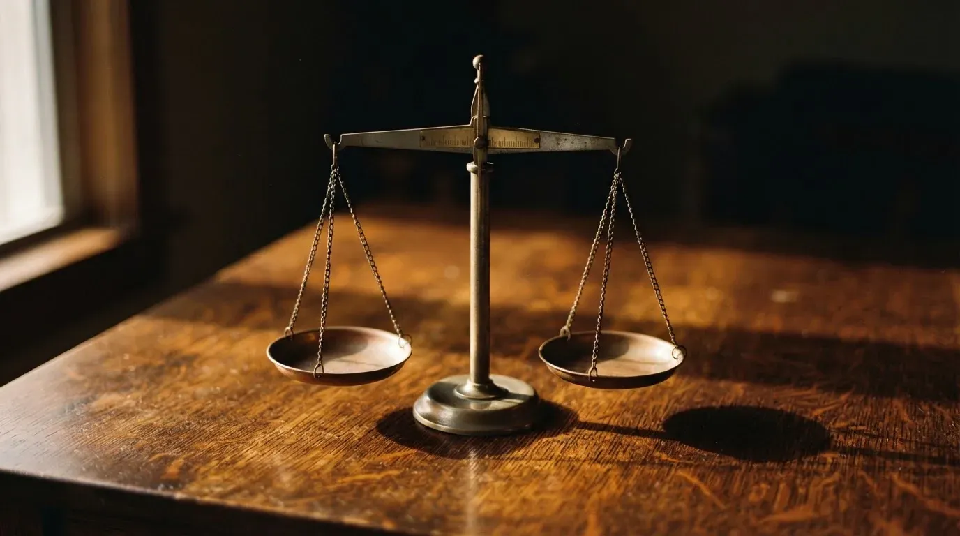 Eine Waage mit zwei leeren Schalen steht auf einem Schreibtisch, Seitenlicht wirft lange Schatten