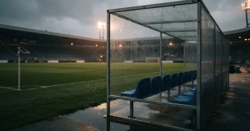 Eine leere Ersatzbank unter einem Plexiglasdach am Spielfeldrand, Regentropfen auf der Scheibe, dahinter ein Rasenplatz