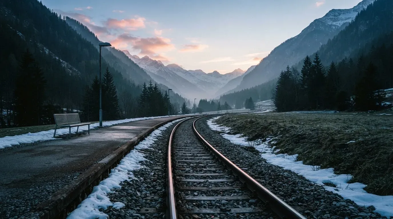 Ein Bahngleis in den Bergen mit Schneeresten und einem leeren Perron im Morgengrauen