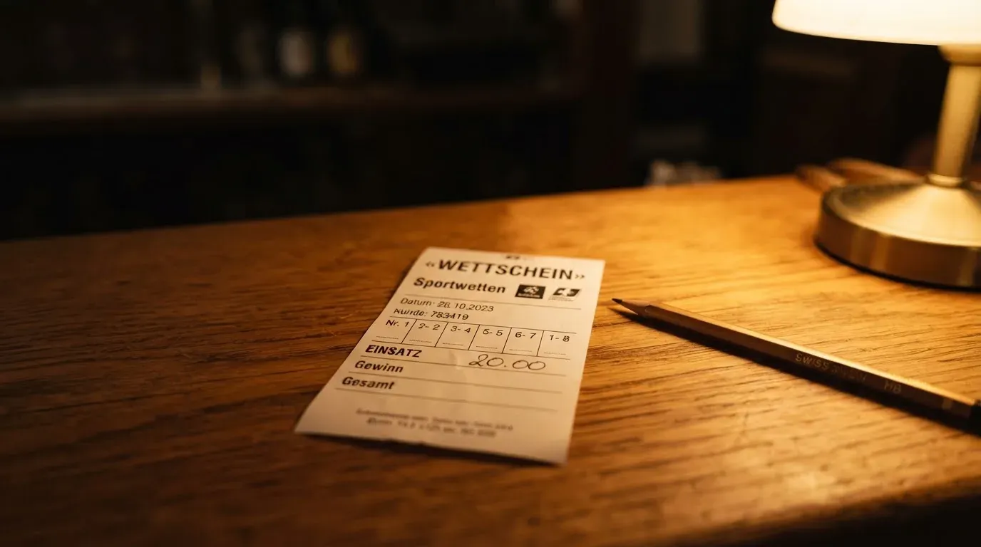 Ein leerer Wettschein aus Papier und ein Bleistift liegen auf einem Holztresen, warmes Licht einer Lampe