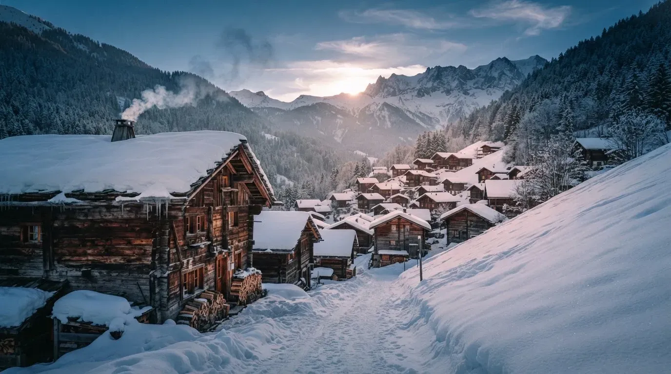Ein Bergdorf mit Holzhäusern im Schnee, Rauch steigt aus einem Kamin, später Nachmittag mit tiefem Licht