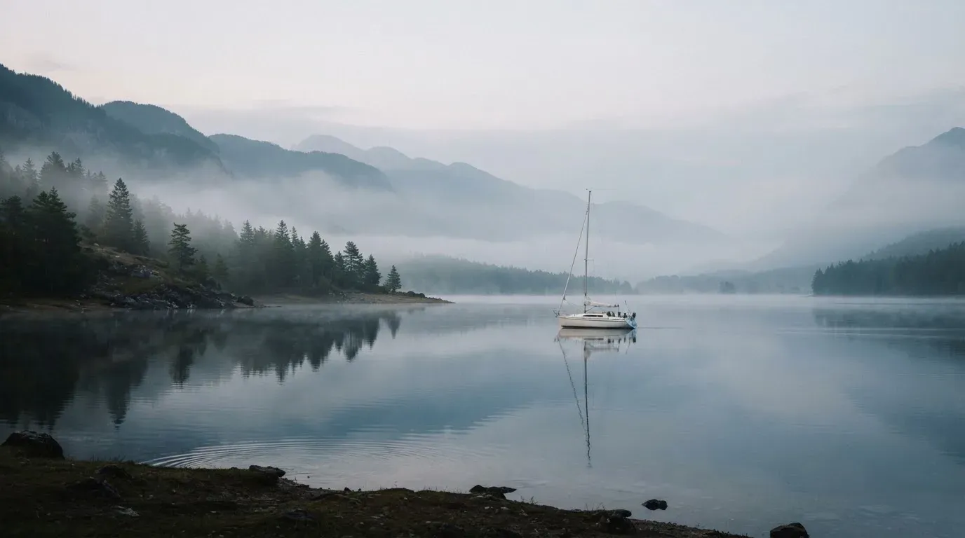 Ein kleines Segelboot auf einem ruhigen Bergsee, Nebel liegt am Ufer, die Berge verschwinden im Dunst