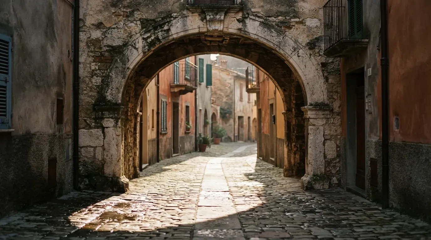 Ein steinerner Torbogen in einer Altstadtgasse, Morgensonne fällt schräg auf das Pflaster