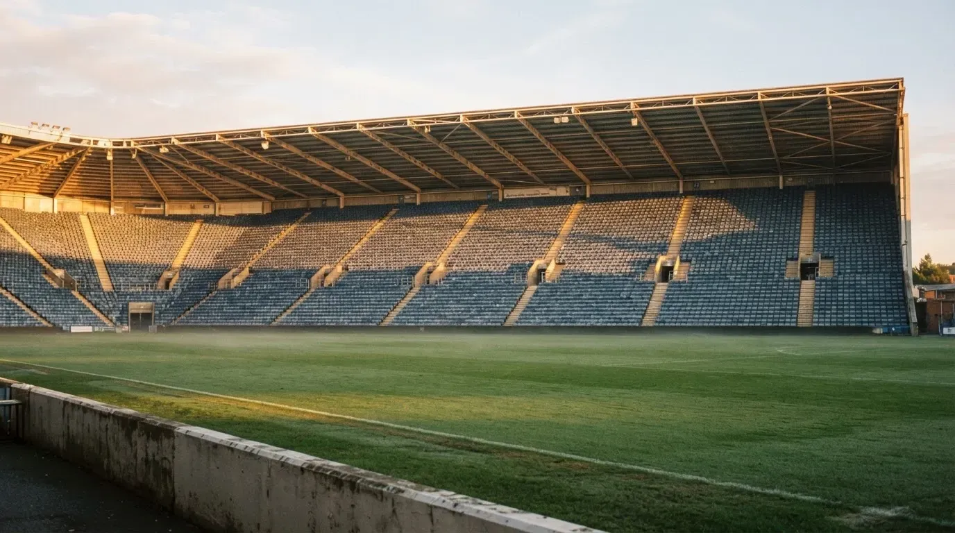 Eine leere Stadiontribüne bei Sonnenaufgang aus der Ferne, lange Schatten fallen über die Sitzreihen